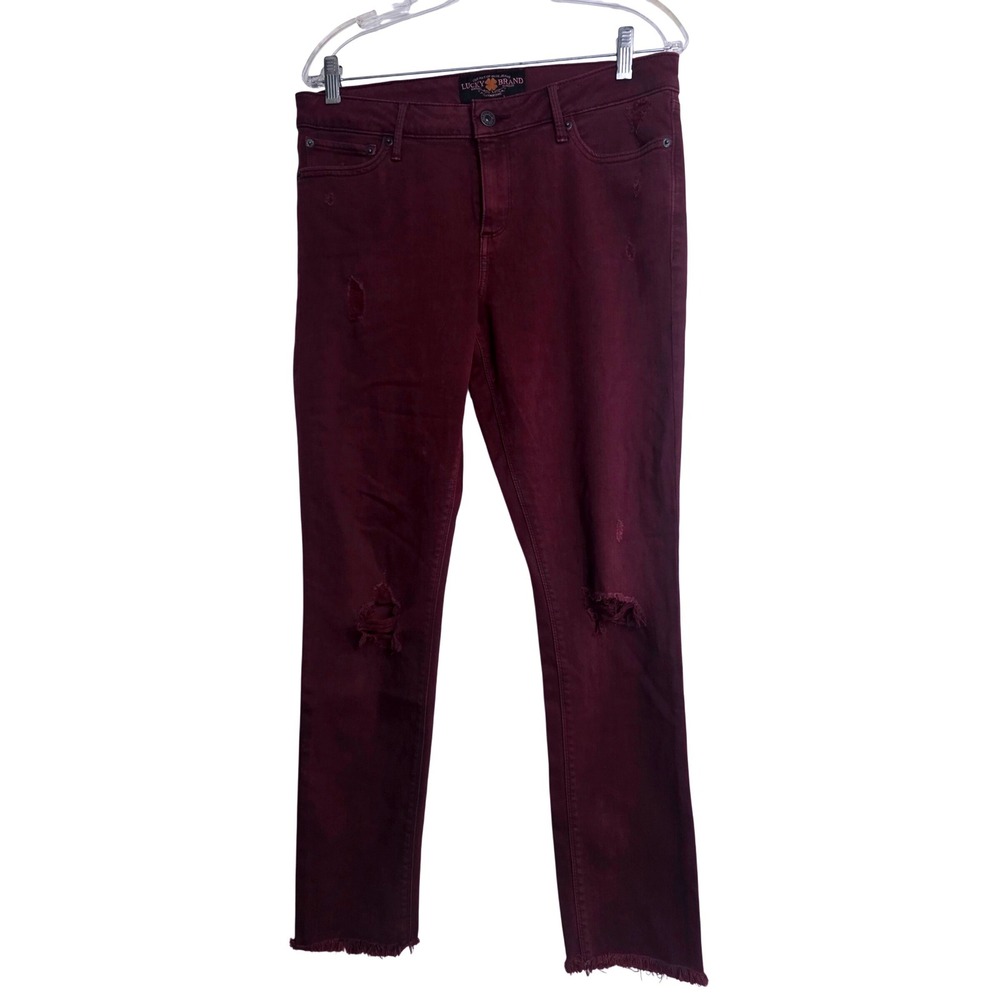 Lucky Brand Womens‎ Burgundy Distressed Raw Hem Skinny Jeans Mid Rise Size 34W